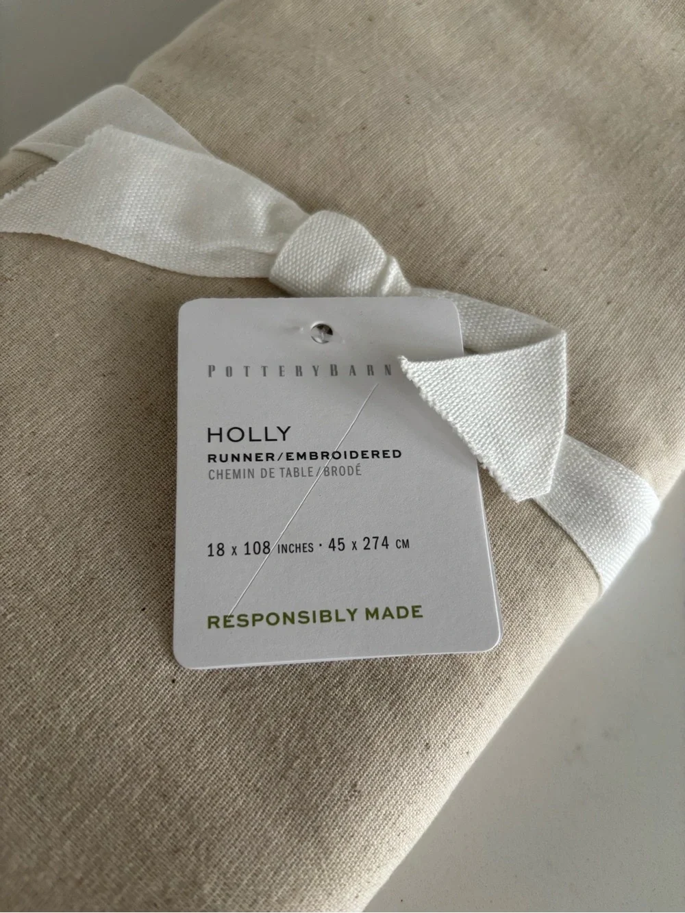 Pottery Barn Cream Table Runner with Green & Red Holly Embroidery